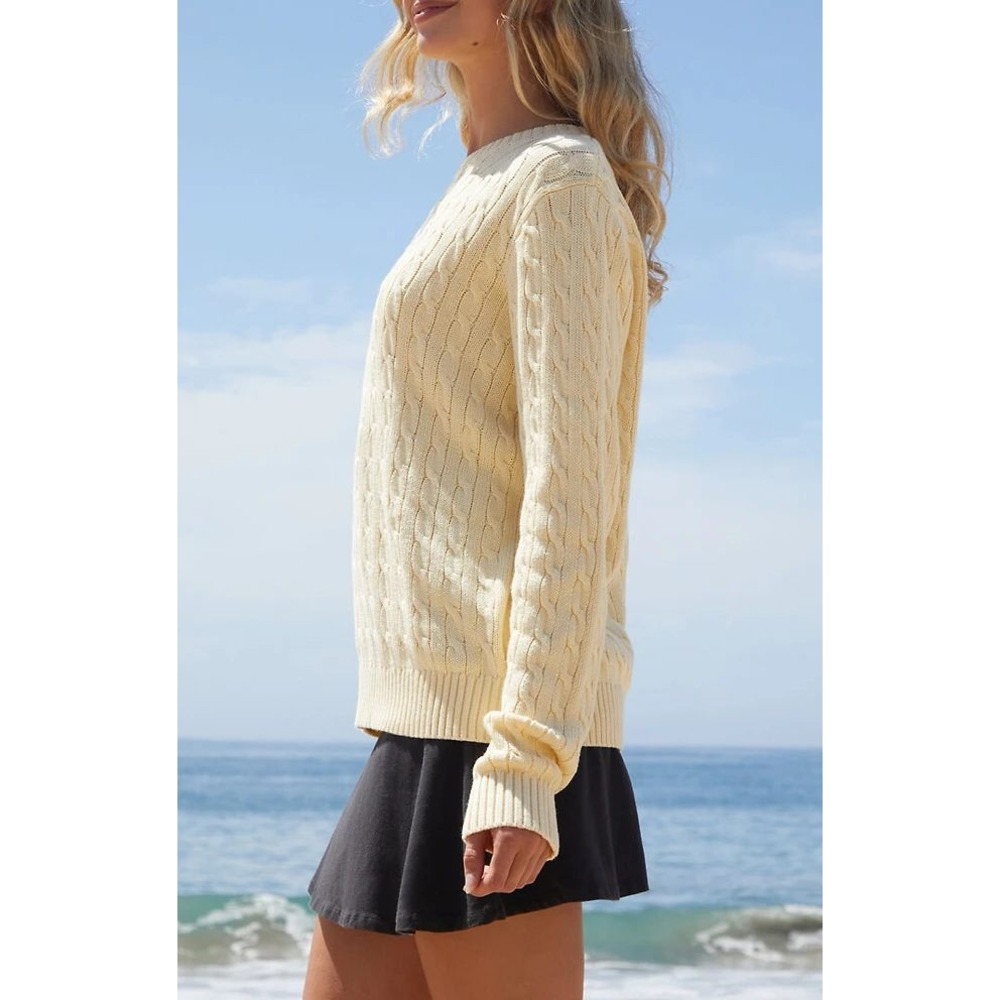 John Galt California Cable Knit Sweater Pale Lemon Yellow Crew Neck / One Size - Picture 2 of 14